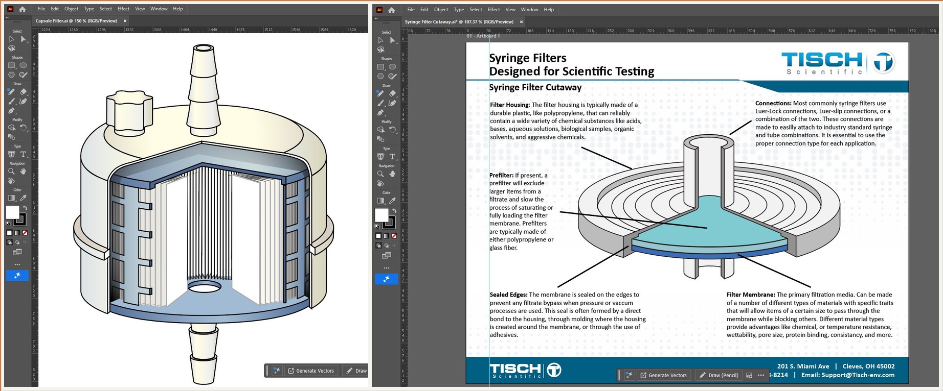 Technical product cutaway illustrations created in Adobe Illustrator