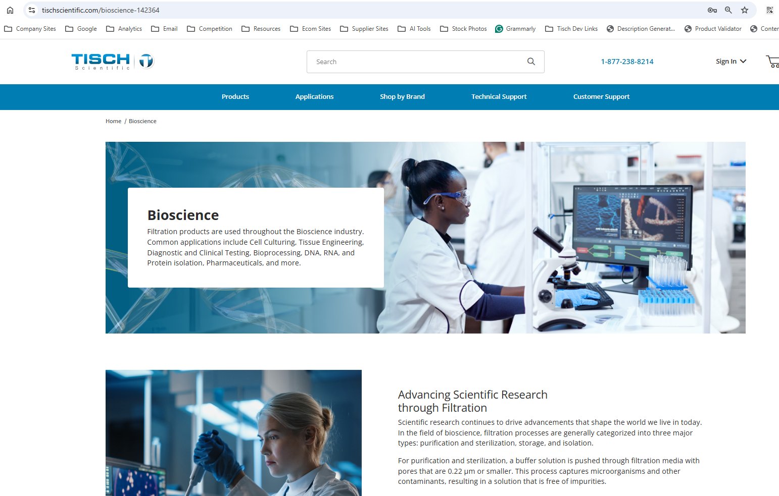 Tisch Scientific Bioscience application page with original graphics and copywriting